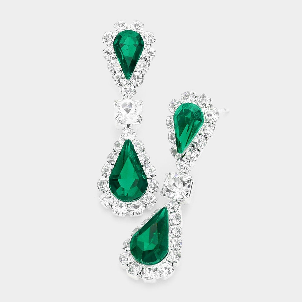 Emerald Green & Rhinestone Teardrop Statement Earrings